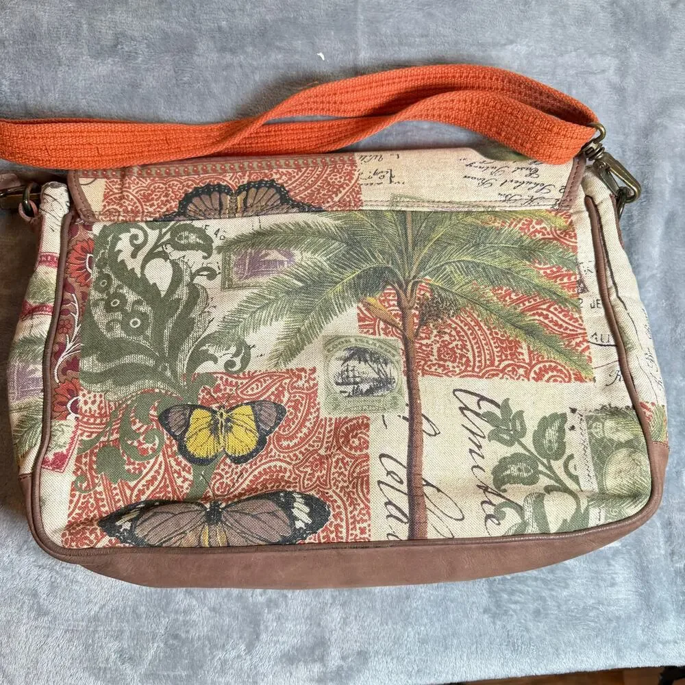 Velez Bird Print Canvas & Leather Messenger Crossbody Satchel Bag